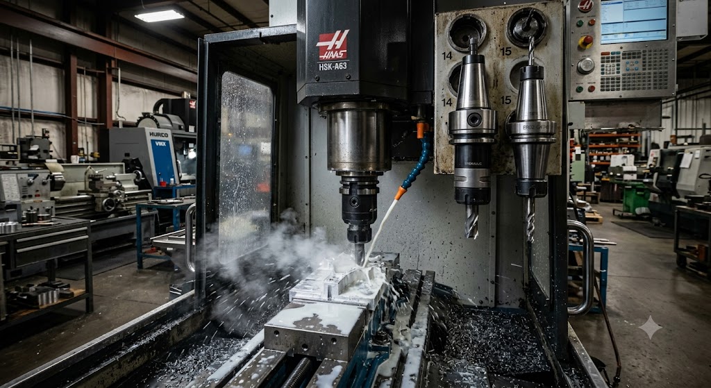 Hydraulic and mechanical tool holders installed on a CNC machine in a precision machining workshop