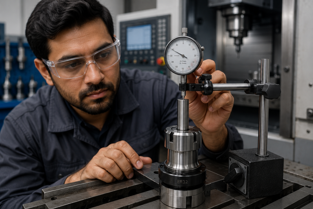 Production engineer performing collet inspection and runout testing in a CNC machining workshop.