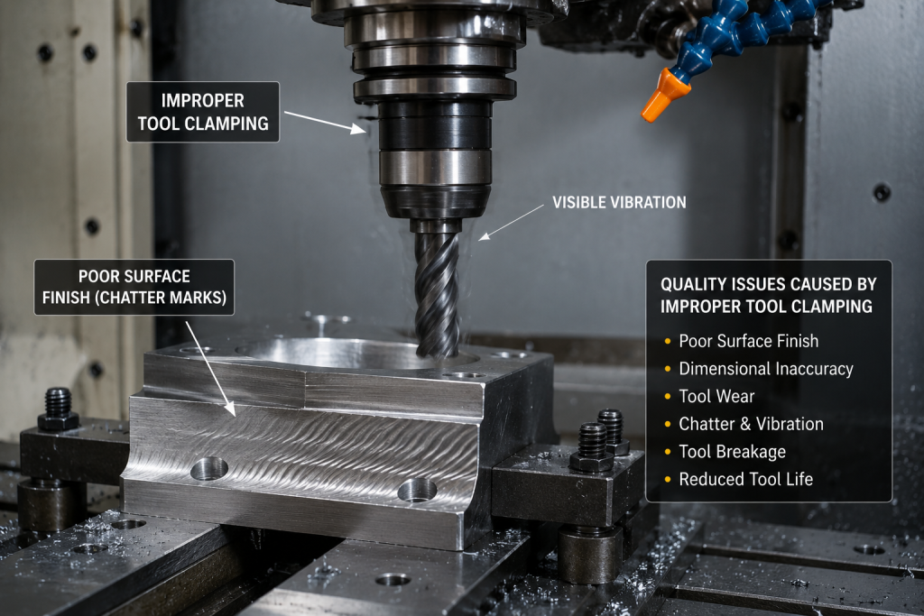 Improper tool clamping in a CNC machine causing vibration, poor surface finish, and machining quality issues.