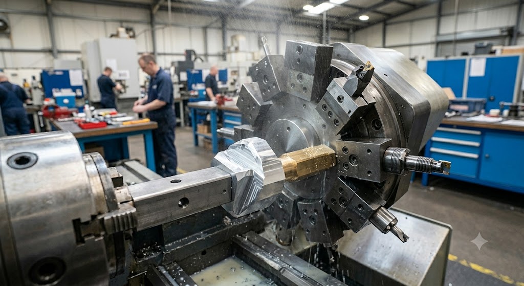 Custom collets holding non-standard workpiece geometries on a CNC machining setup for precision manufacturing.