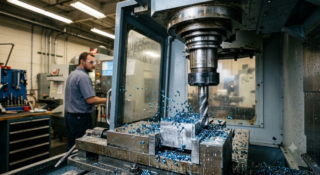 Precision collet holding a cutting tool in a high-production CNC milling environment.
