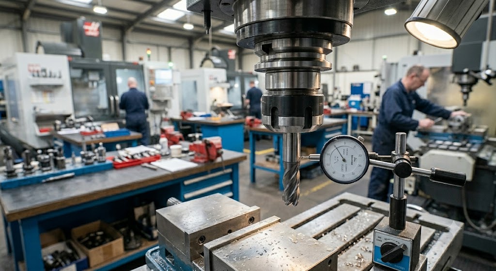 Tool runout measurement on a carbide cutting tool using a dial indicator in a CNC machining setup.
