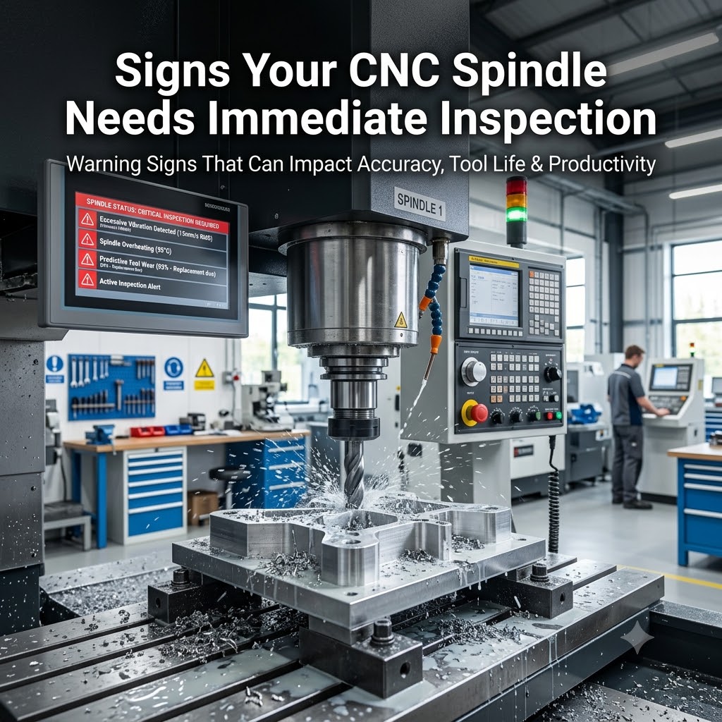 Signs Your CNC Spindle Needs Immediate Inspection with a CNC machine spindle showing warning signs like vibration, overheating, tool wear, and reduced machining accuracy.